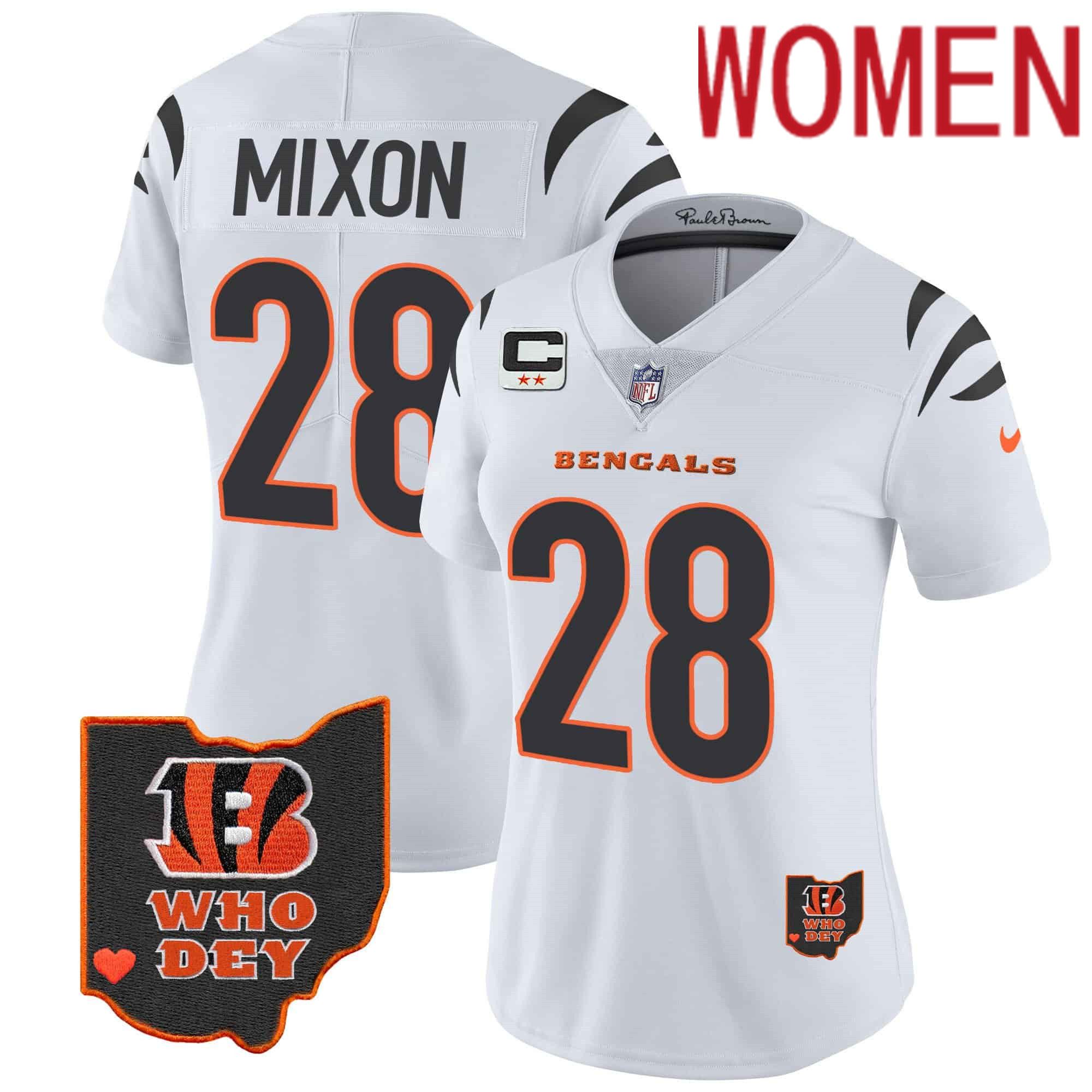 Women Cincinnati Bengals #28 Mixon White 2024 Nike Patch Vapor Limited NFL Jersey->women nfl jersey->Women Jersey